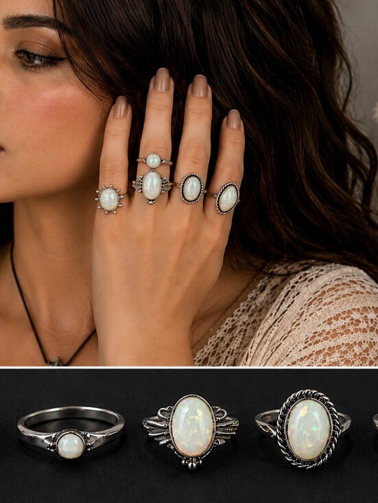 The Unbranded Brand Jewelry - 5pc Opal Look Ring Lot Silver Tone Boho Vintage Style Statement Rings